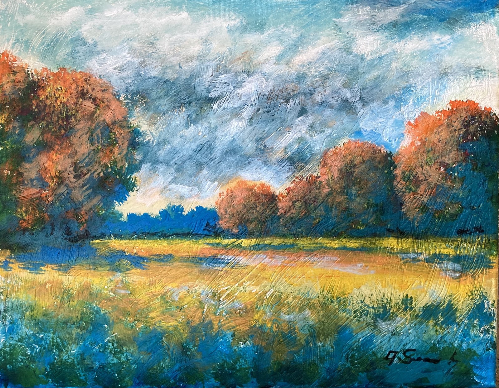 Golden Field with Trees – 11×14 Original Acrylic Landscape Painting