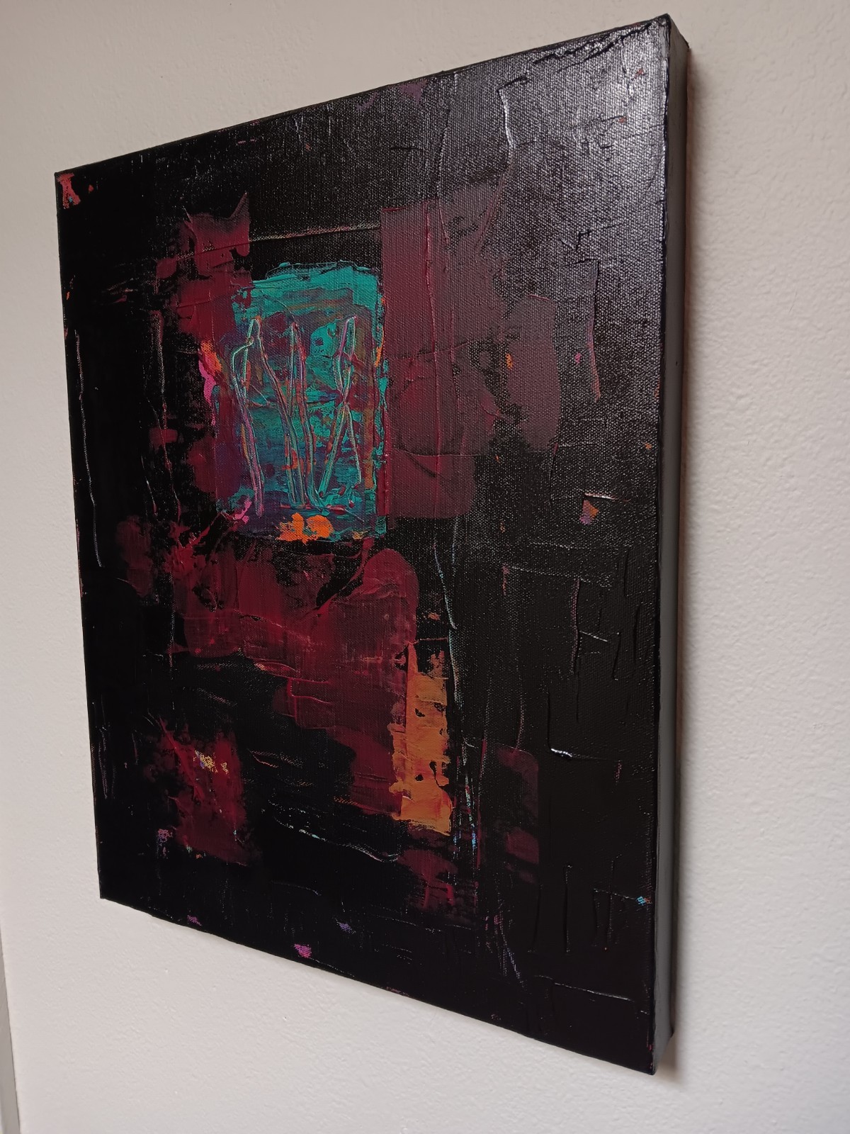 Small abstract original black turquoise blue pink red ochre «Beneath The Stars»