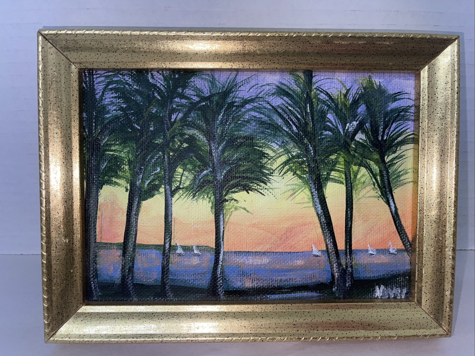 Tropical Landscape Painting Coastal Seascape Palm Trees Ocean sailboats 7.5×6”