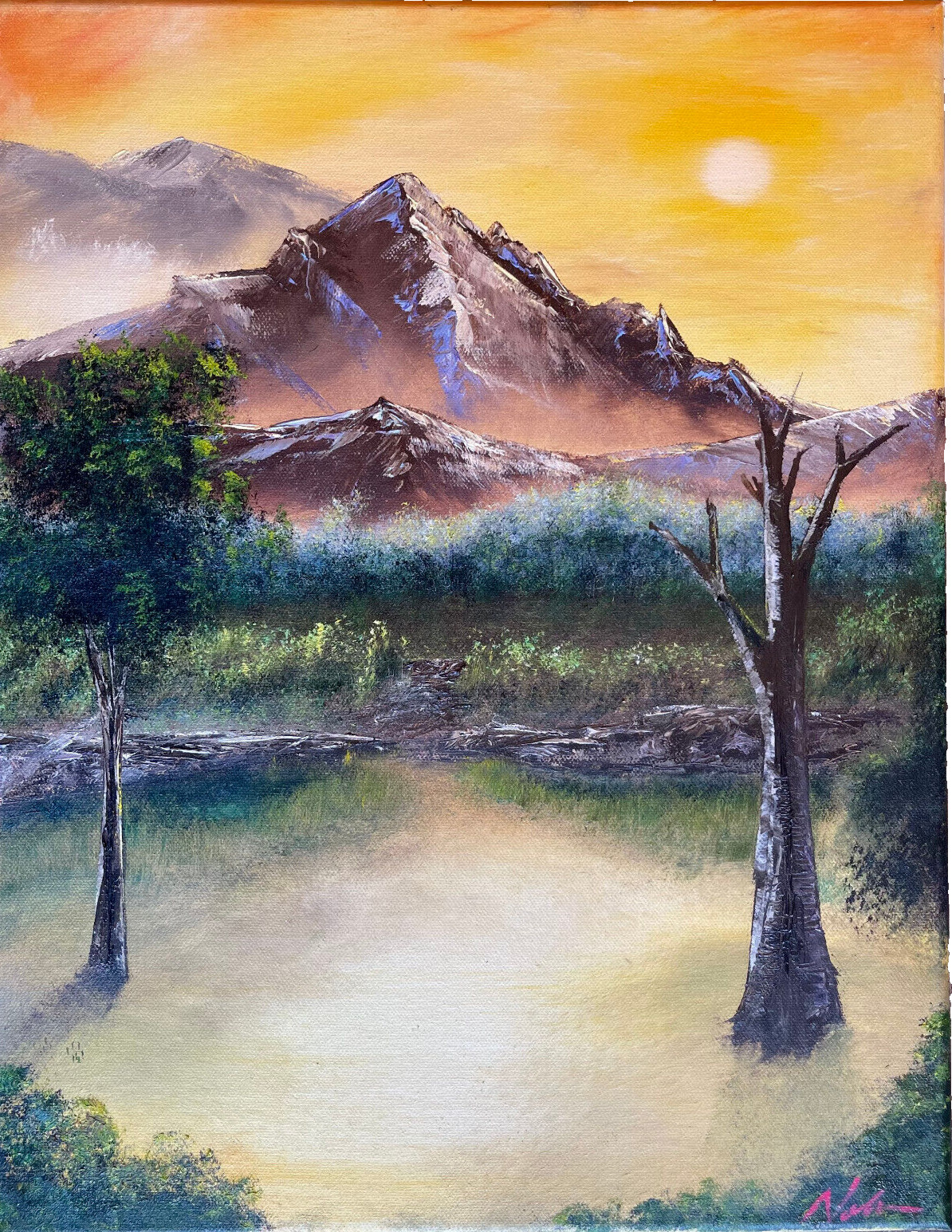 The Mountain Sunrise Landscape Art Oil Painting 18″x 14″ Canvas Signed Artwork