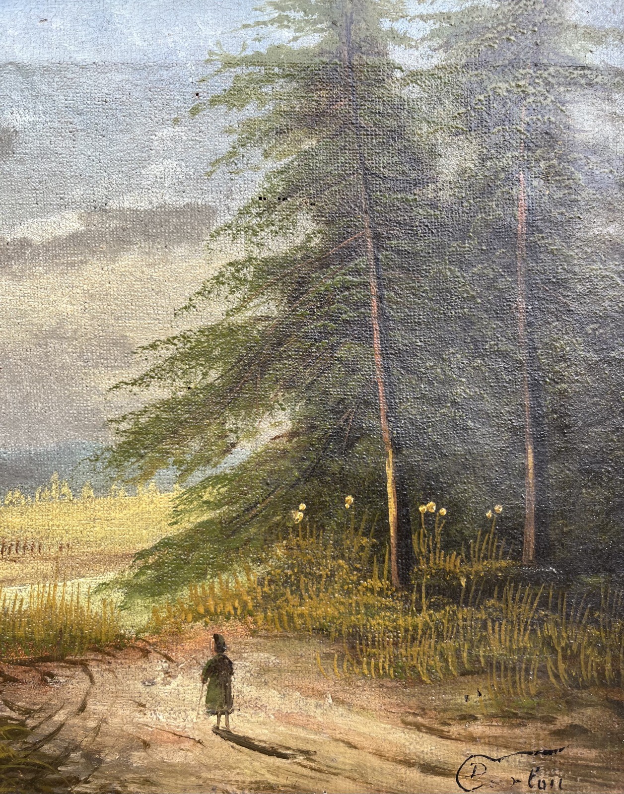 Impressionist Forest Landscape With Cottage And Person Oil Painting 19th Century