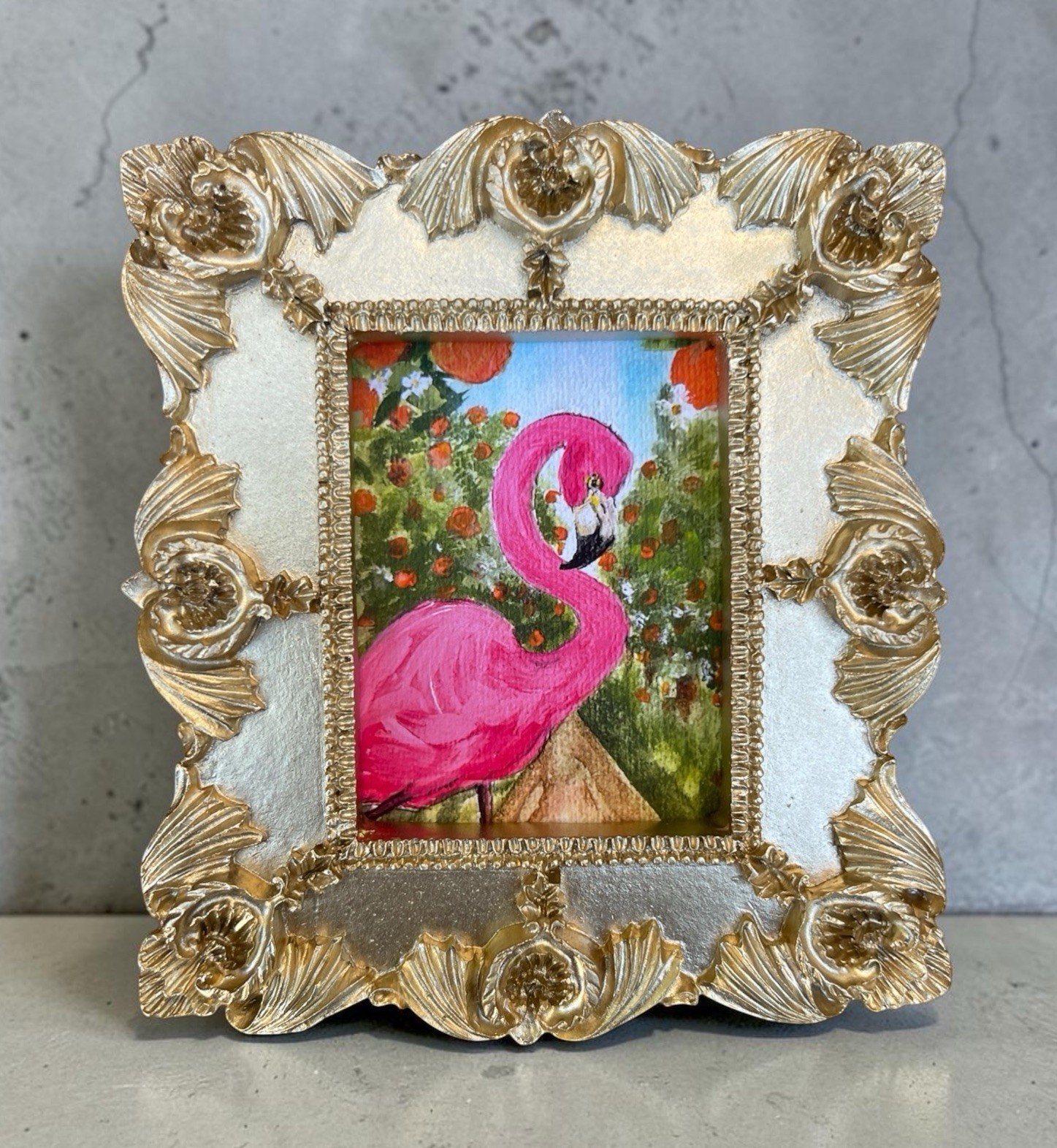 Pink Flamingo in Orange Grove watercolor print in mini vintage style frame