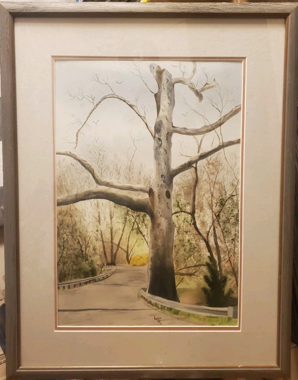 Framed Original Artist Signed Watercolor Road Thru Woods Trees Frame 20×27