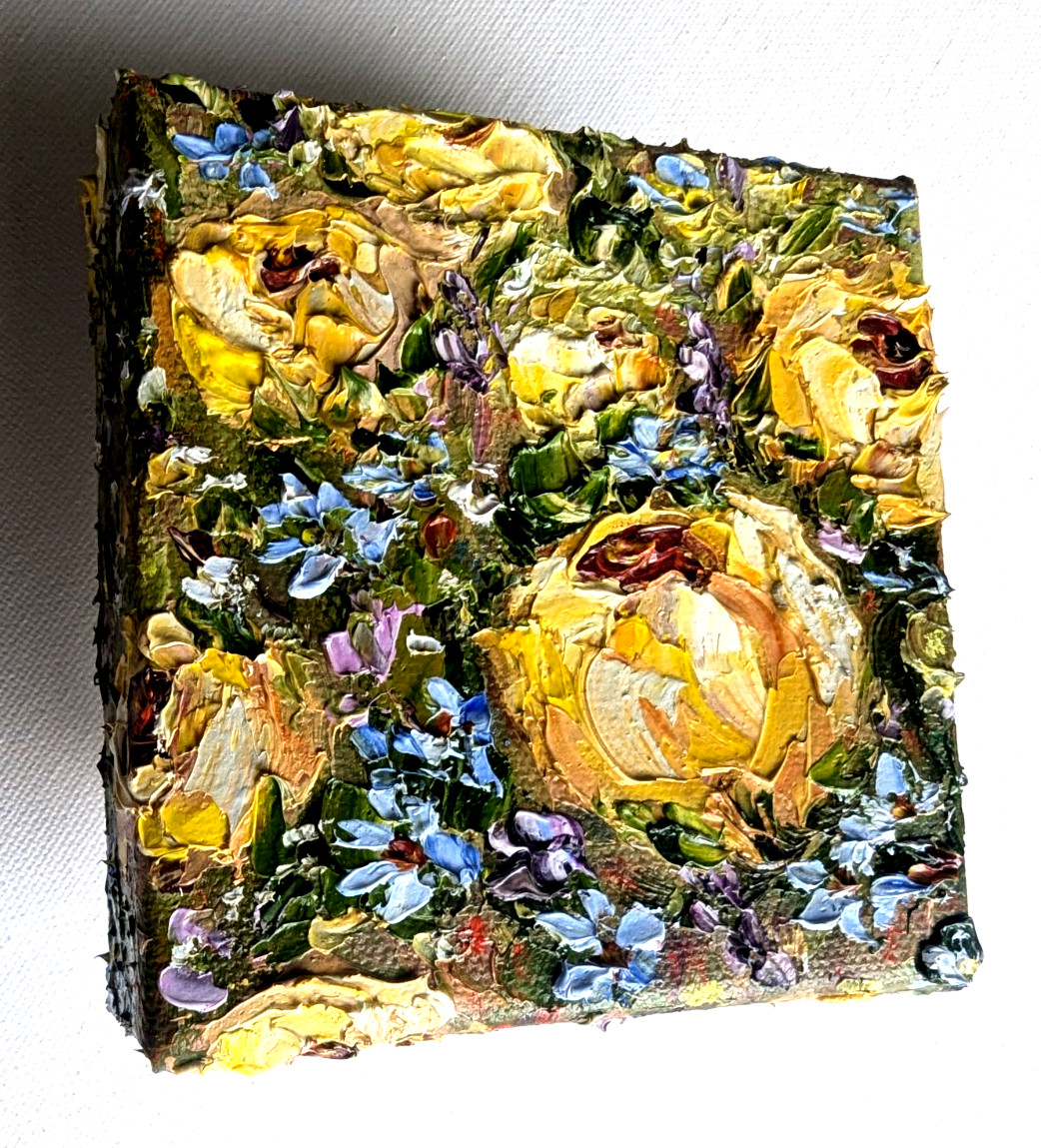 ORIGINAL OIL impasto Painting «Yellow ROSES» 4″X4″ X 1.5″ by Olga Diduh.