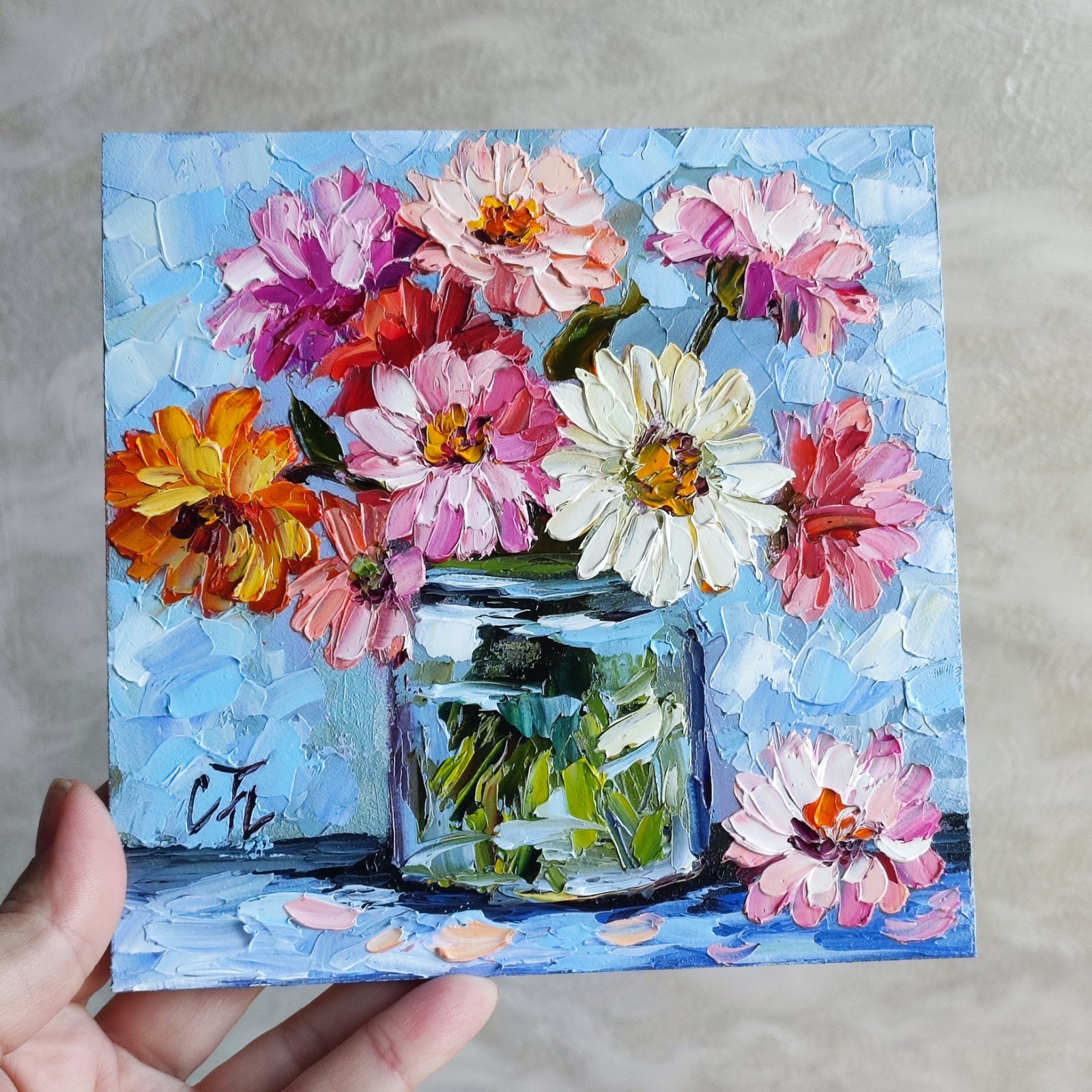original oil painting Zinnia Colorful Flowers Vase impasto Floral art 6*6 in