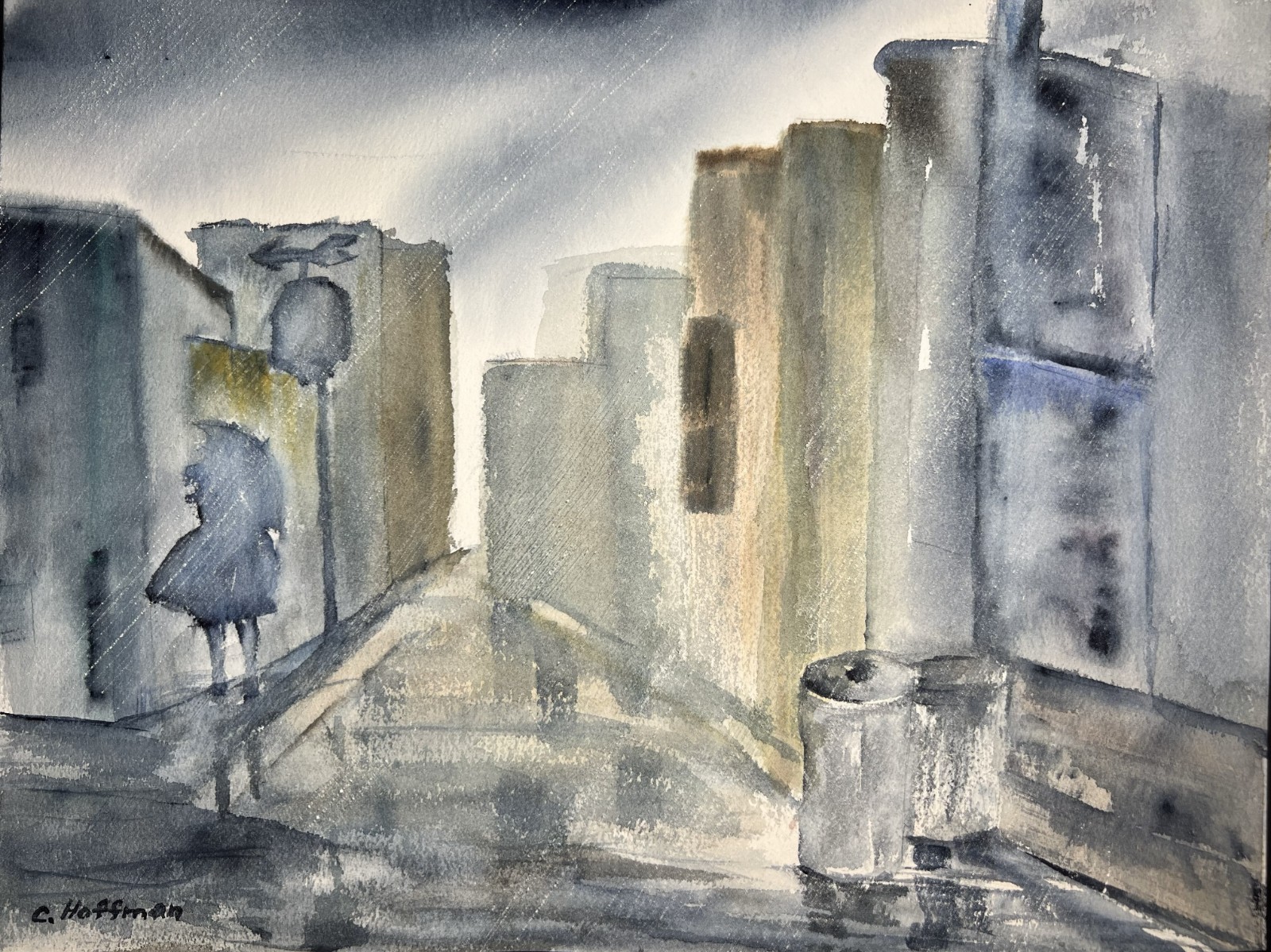 Raining Day Cityscape-Charlotte Hoffman–Mid 20th Century Watercolor–NY Artist