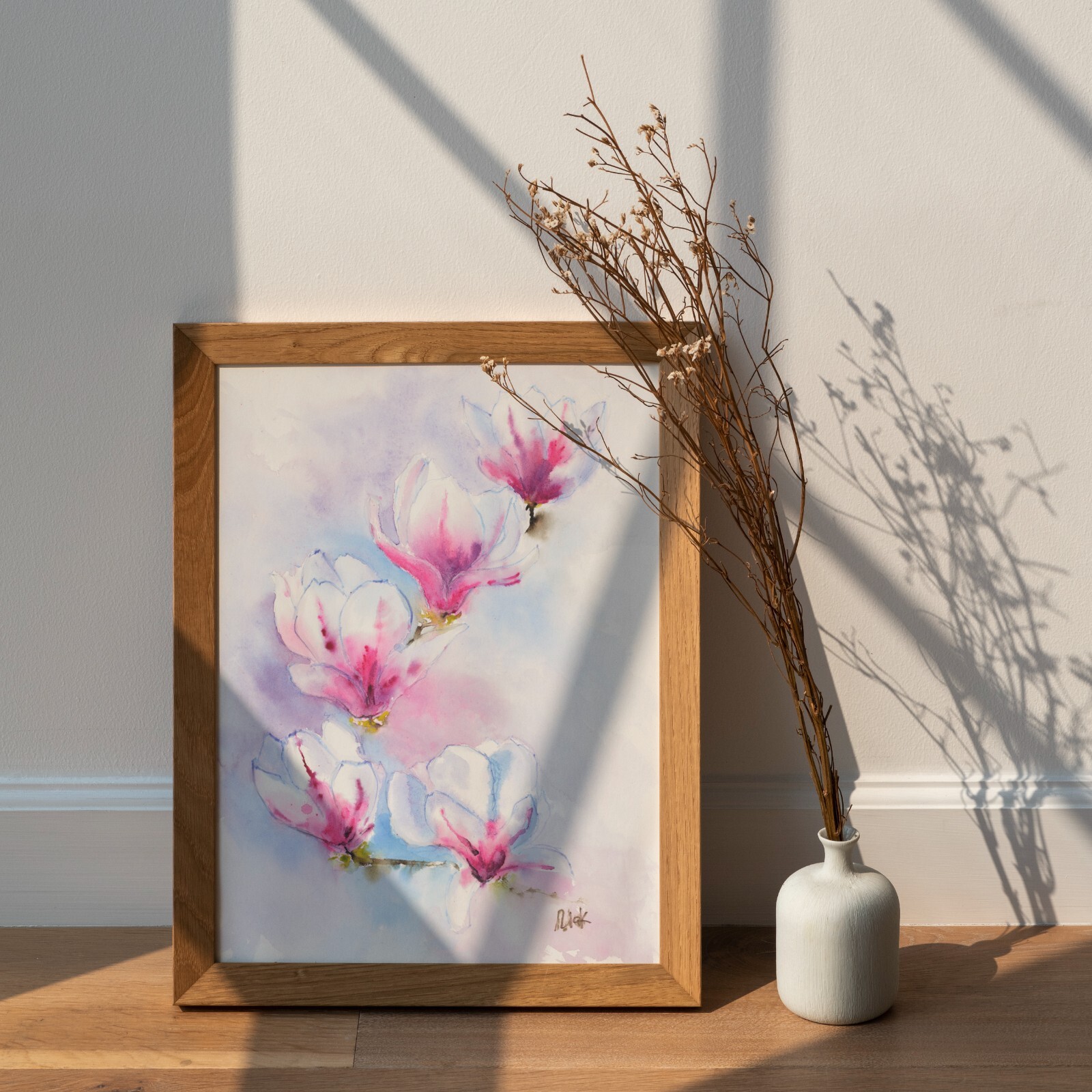 Magnolia Painting Pink Flower Original Watercolor Japanese Painting Sakura Wall