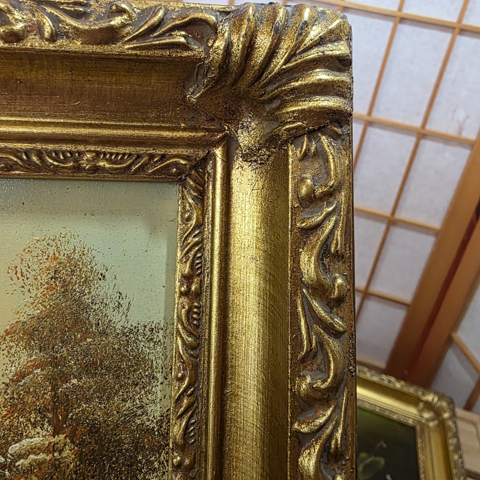 Pair Vtg Small Miniature Signed Art Oil Paintings on Board Framed Gold Ornate