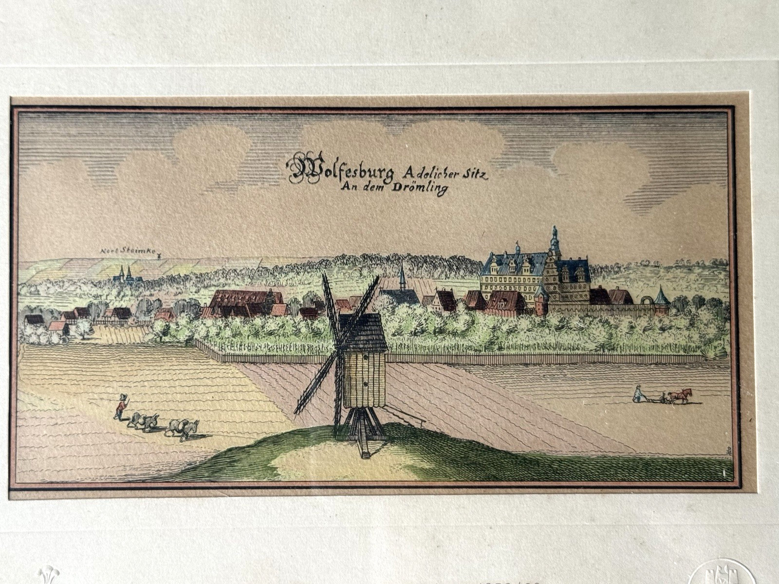 Antique Hand Colored Engraving Wolfsburg Germany Windmill Cityscape 1700s Framed