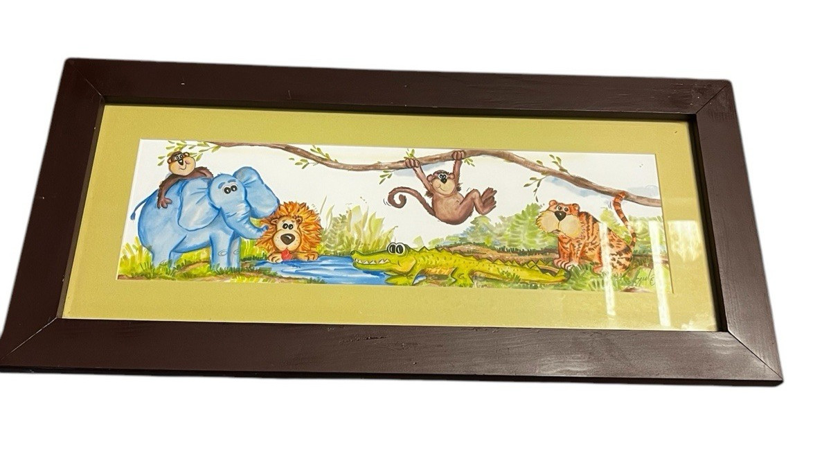 Gina Byrd Lion Elephant Monkey Signed framed Art Wall Art Kids Room Bathroom