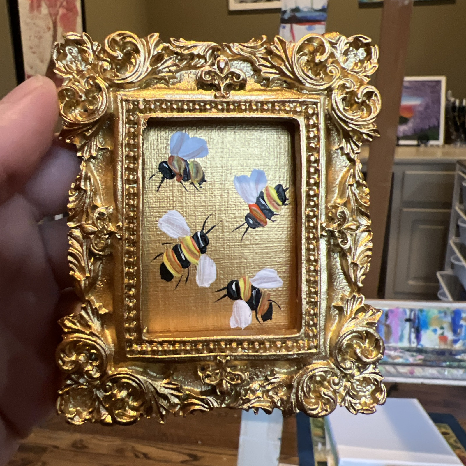Bee,honeybee Original miniature Painting,small,mini,framed