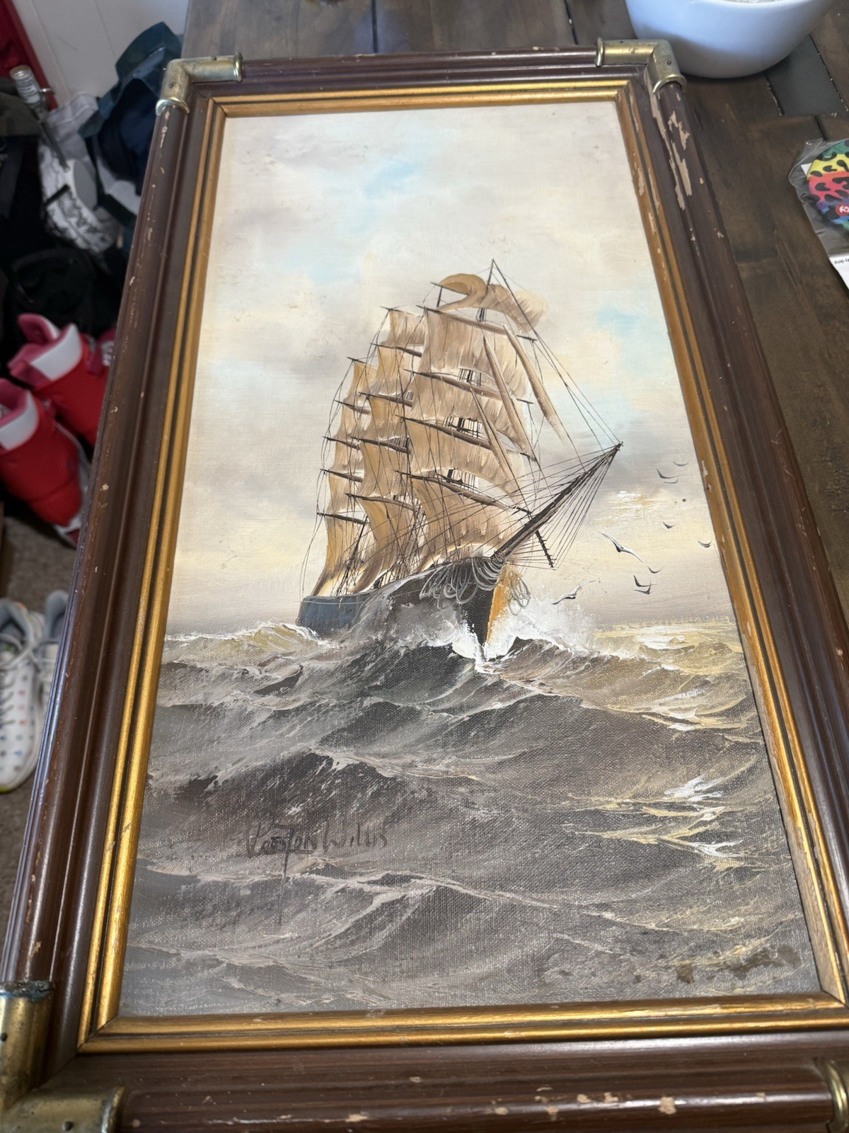 Vintage Preston Willis Original Oil Painting Clipper Ship Tall Ship Sea 28″x16″