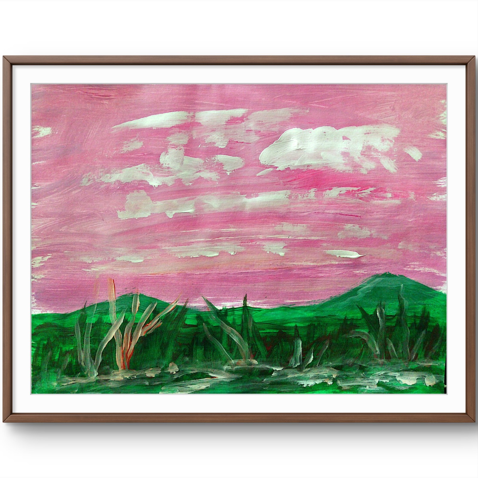 Pink Sky Landscape Modern Original Signed Paper Acrylic Wall Art 11×14 BACH
