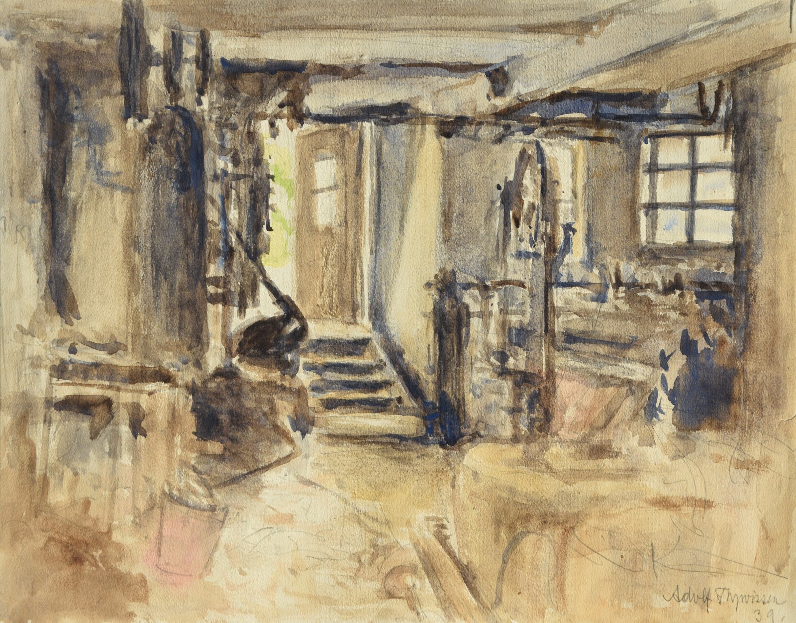 Adolf Thywissen 1870-1949 Aachen / Watercolour 1939 Interior Workshop Blacksmith