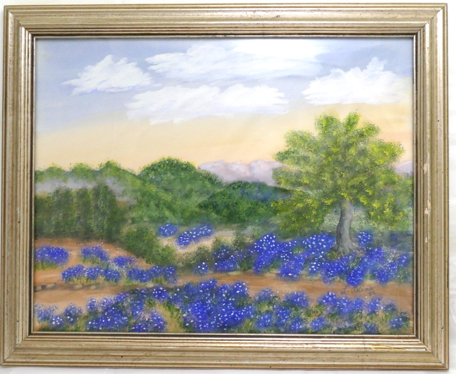 Vintage Original Texas Bluebonnets Landscape Painting – Pastel on Paper – Framed