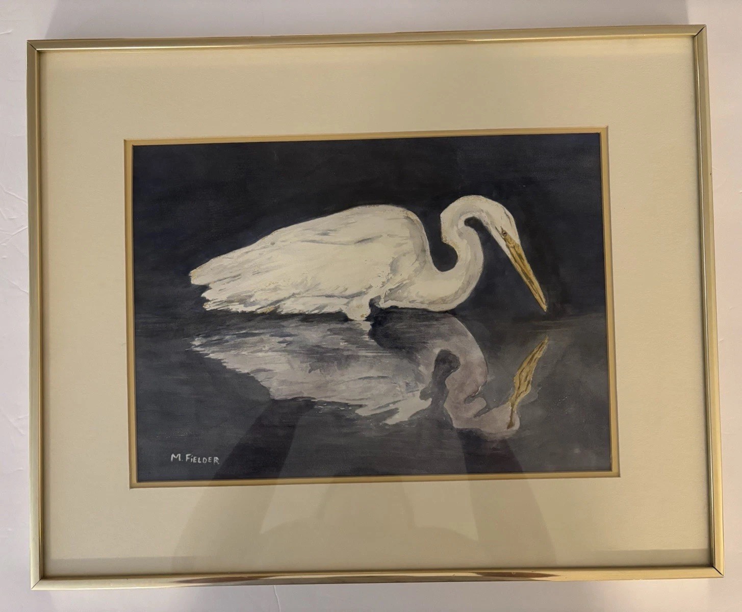 Vtg EGRET IN LAKE Framed Watercolor Painting Artist M Fielder Water Bird 16”x20”