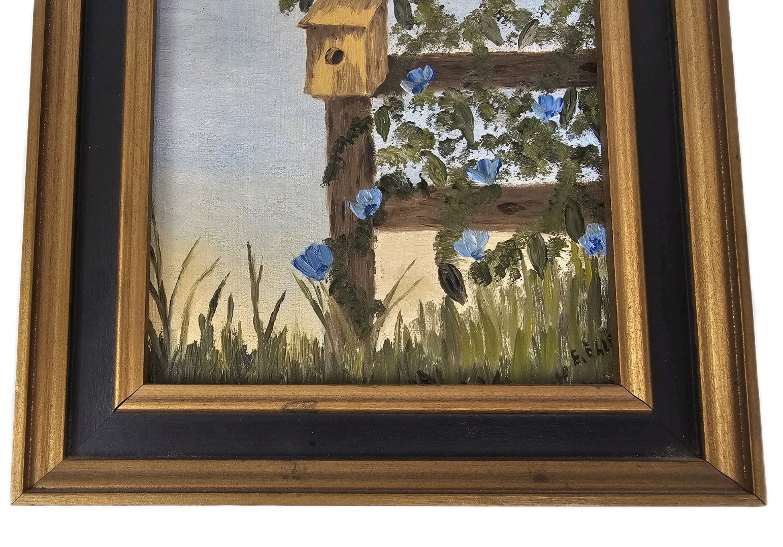 Vtg Original Oil Acrylic Painting Homestead Scene Birdhouse Blue Flowers Vines