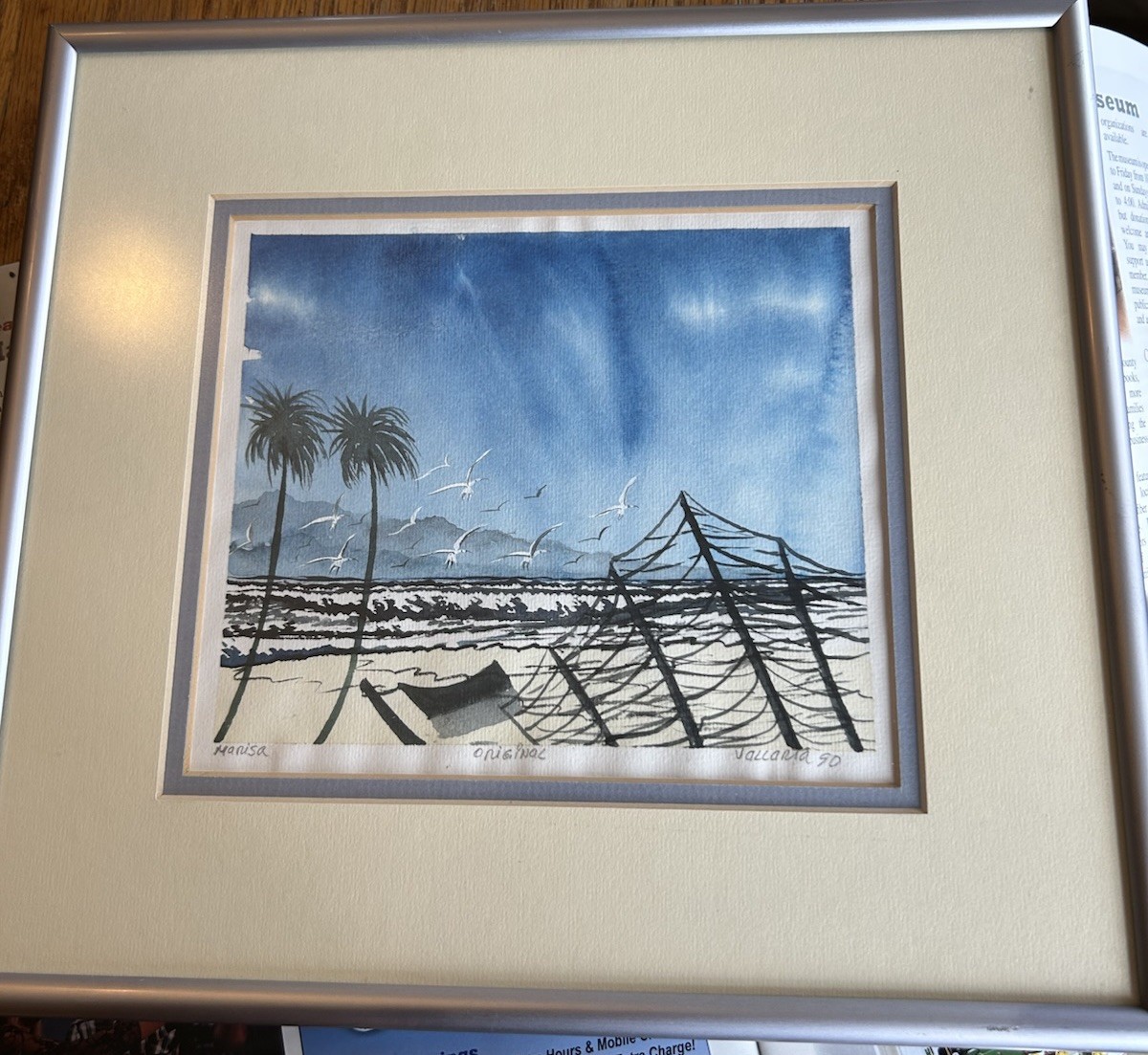 Beachfront Watercolor Painting Palms Seagulls Original Manisa By Vallaria 1990