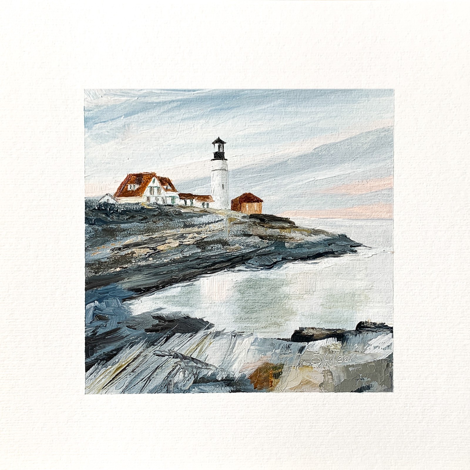 8×8 Maine Original Oil Painting Portland Head Lighthouse Landscape Coast Signed