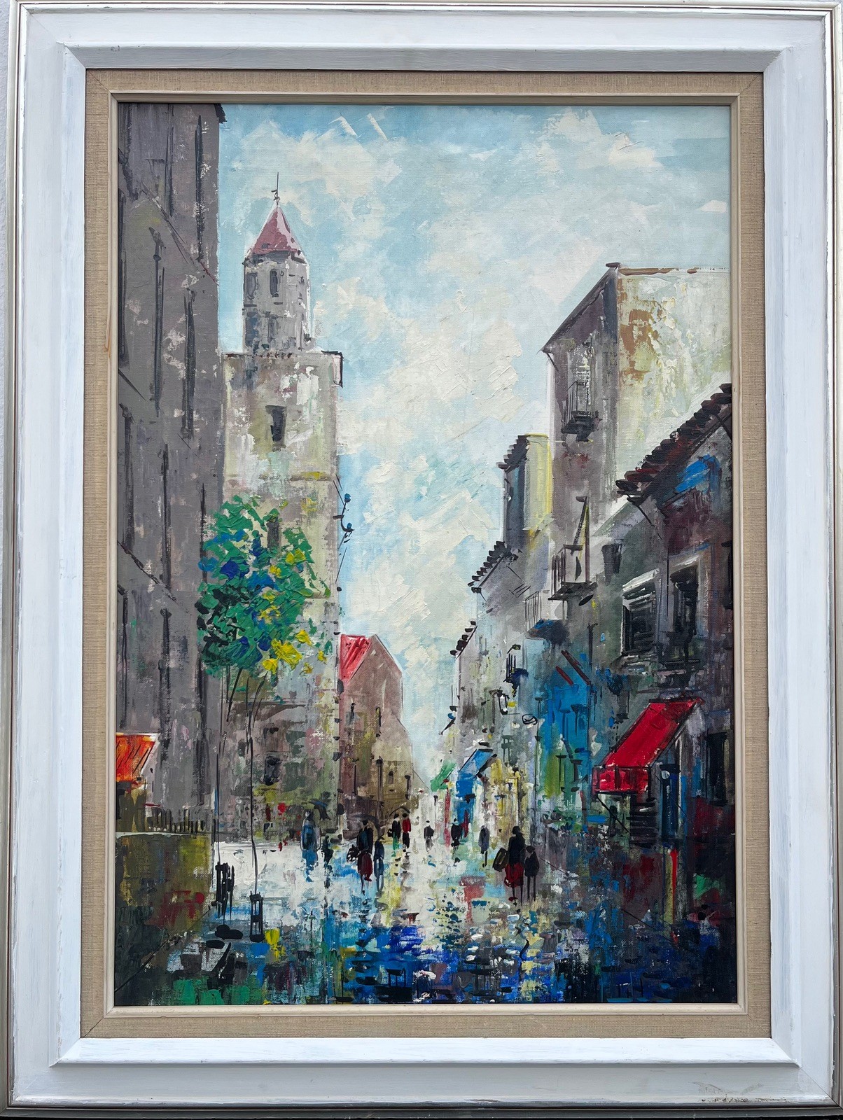 Expressionist Street Scene After The Rain People Shops Café Oil Painting