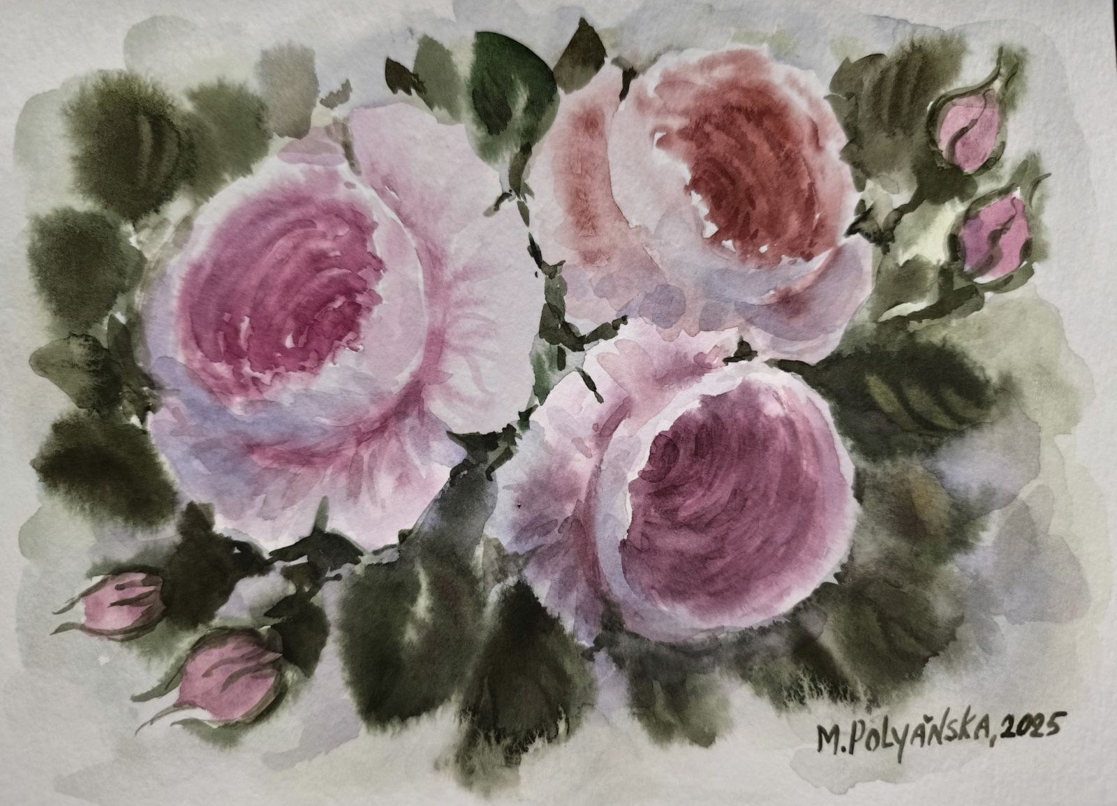 Vintage FLOWERS PINK ROSES Original Art Painting Floral Landscape Signed Gift A5
