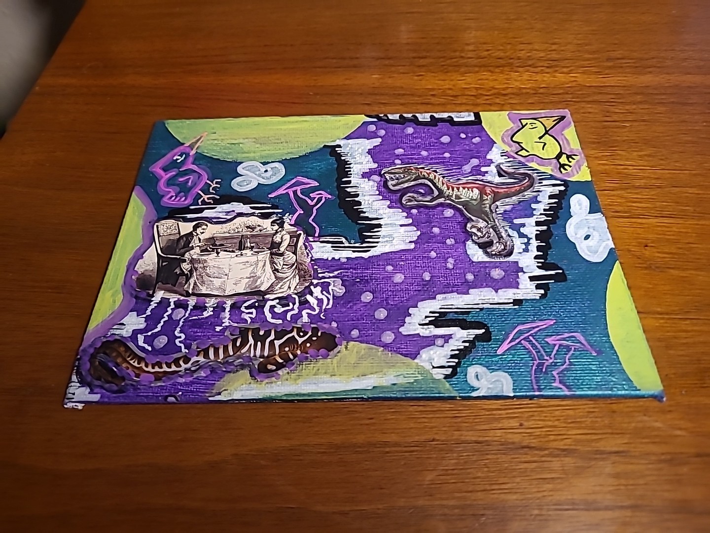 Original Painting Bad Dinner Trip Mushrooms Dinosaur Eat Food Eels Cartoon Birds