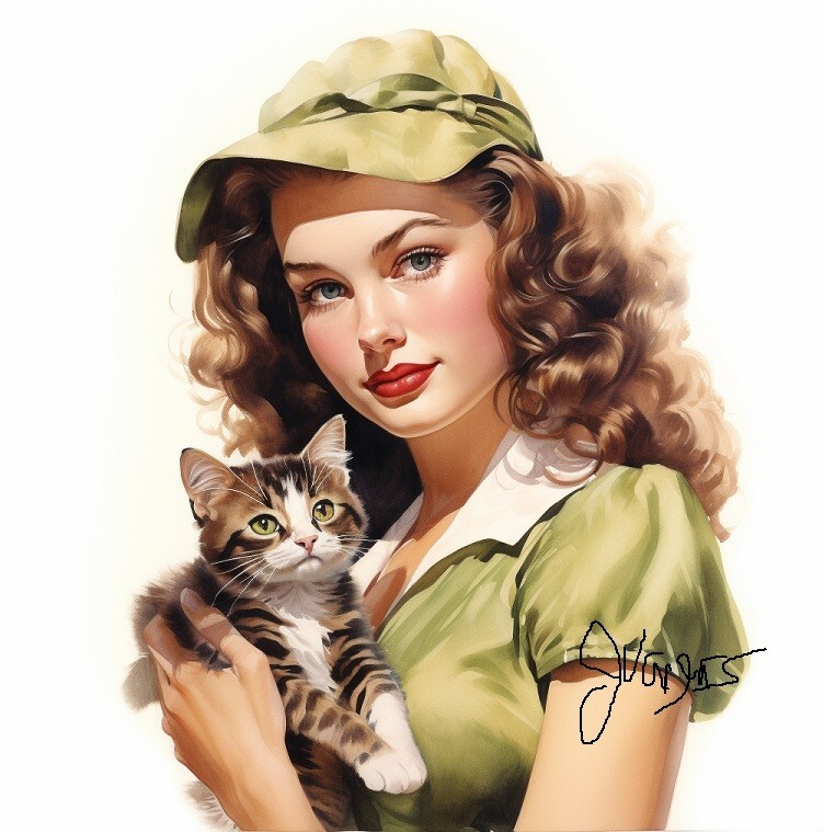 Watercolor Cat Painting Art Print 1940s Style 8.5×11 INCLUDES 11×14 MATTING