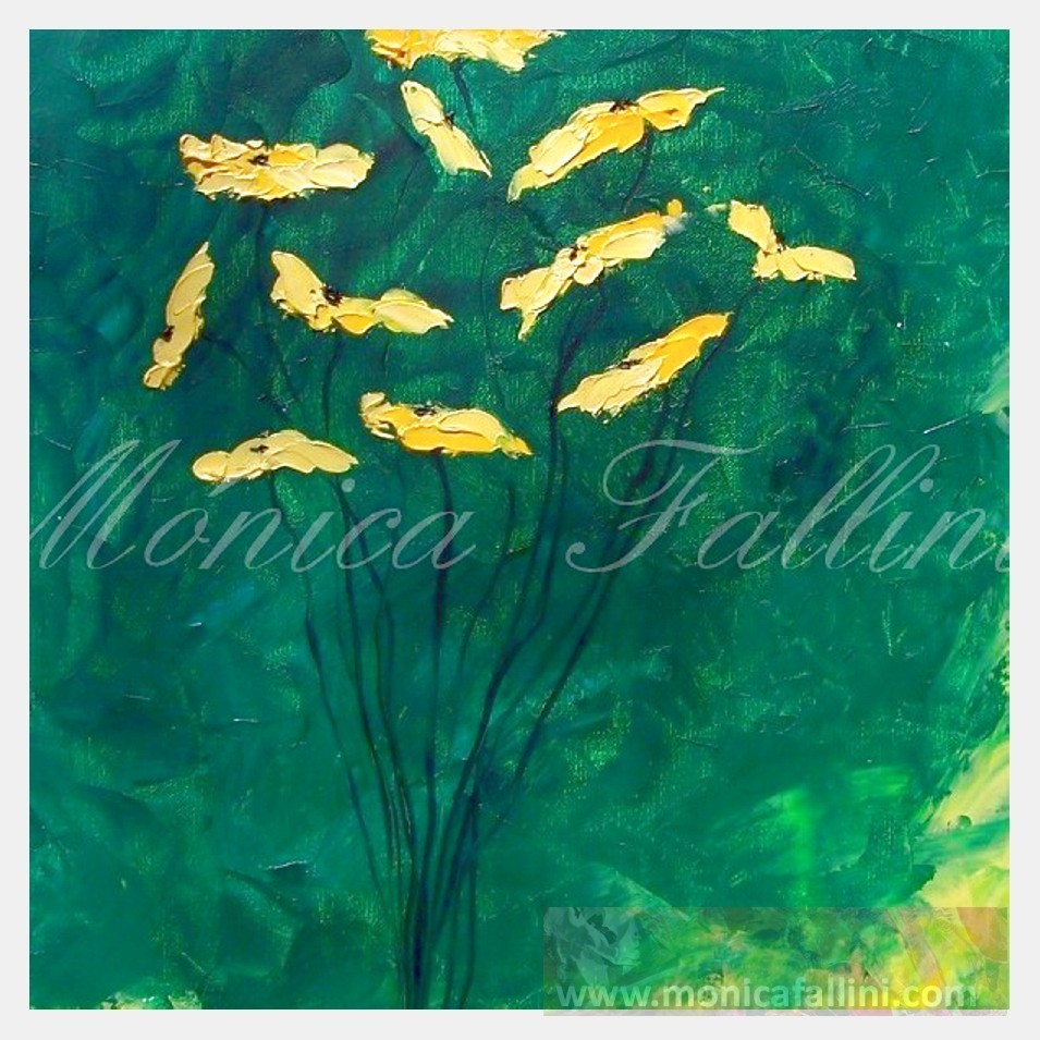 Yellow Poppies on green painting on canvas original by artist 20in x 20in