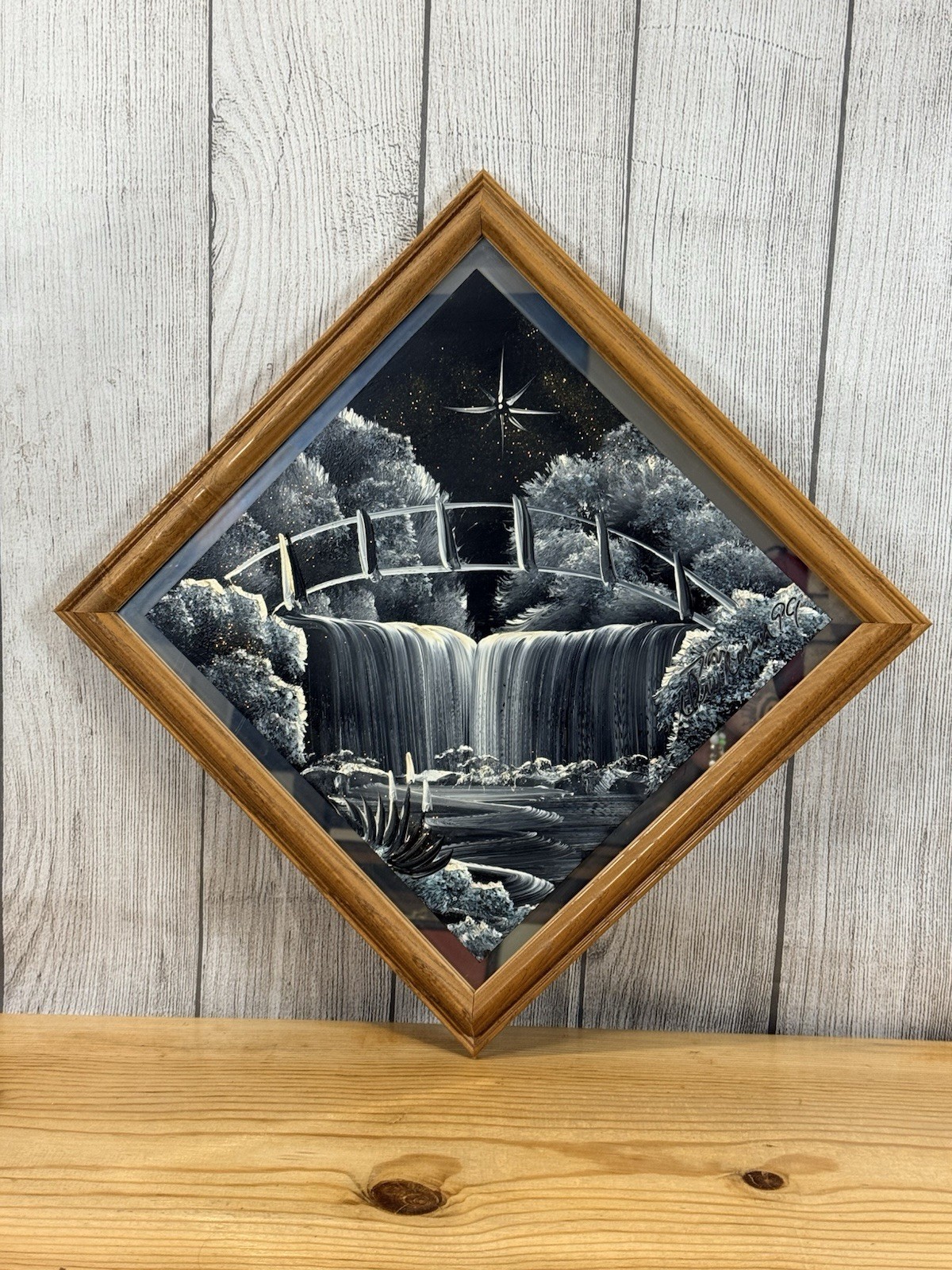 Waterfall Landscape Painting On Mirror Signed By Tom Dunham 13.5 Inches By 13.5