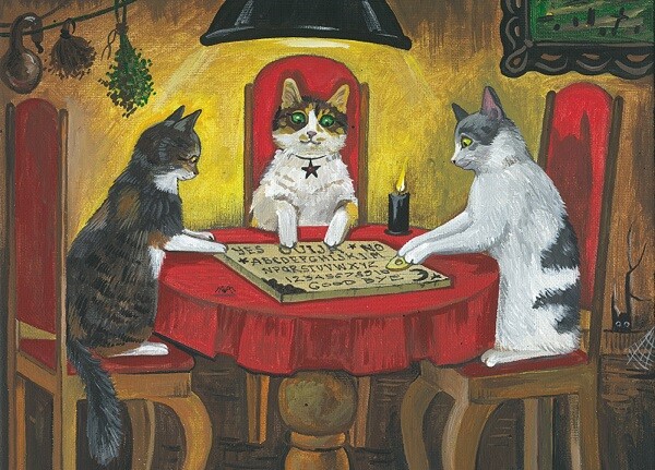 ACEO PRINT OF PAINTING RYTA HALLOWEEN CAT OUIJA SPIRIT GHOST ART Salem Board 🎃