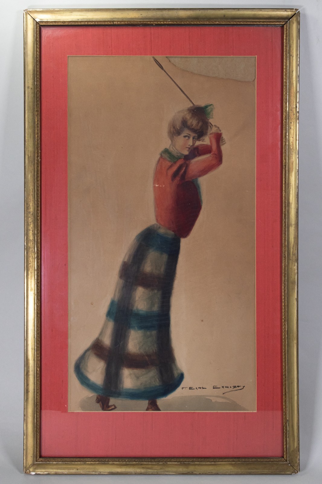 F. Earl Christy C.1910-20’s Lady Golfer in Plaid Pastel Painting