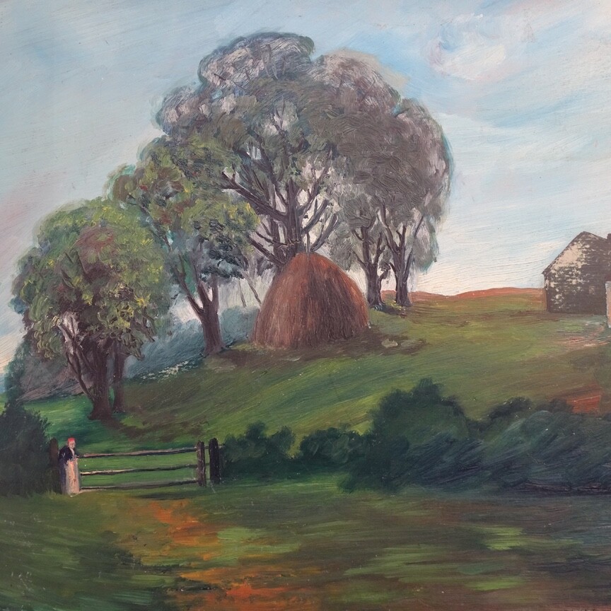 1921 Naive Folk Art Summer Landscape Oil Painting Signed R.C.Ingraham O/B 13×12