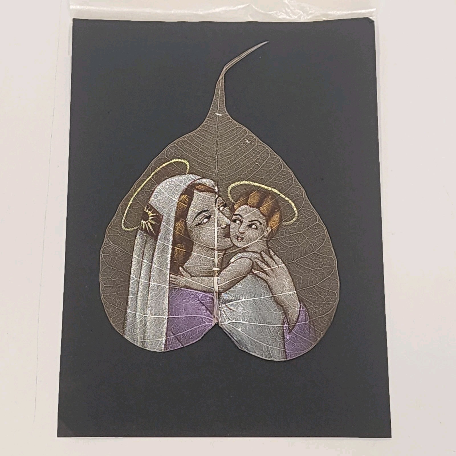 South Indian Peepal Skeleton Leaf Art Madonna & Child Hand Painted 6.5″ Unframed