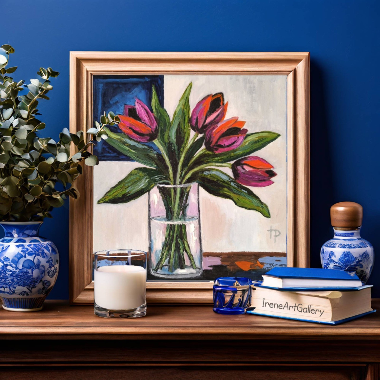 Colorful Tulip Oil Painting Modern Floral Wall Art Flowers Bouquet 11.8×11.8″