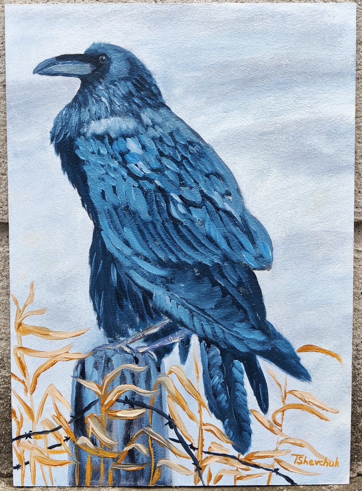 Original Oil Painting Raven Crow Hand Painted Black Bird Halloween Art 13×10 in