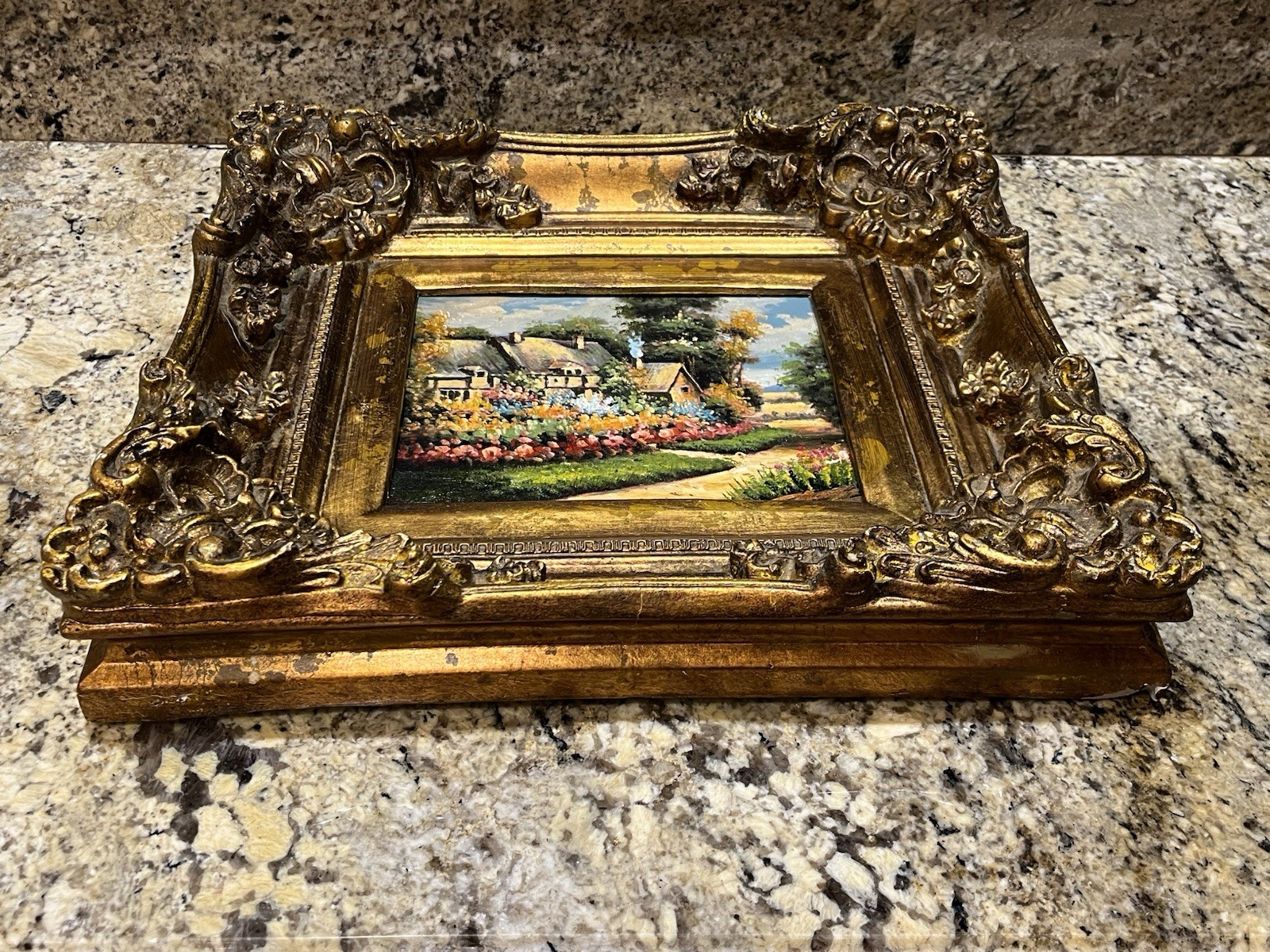 Vintage Oil Painting On Board Ornate Heavy Gold Frame English Cottage