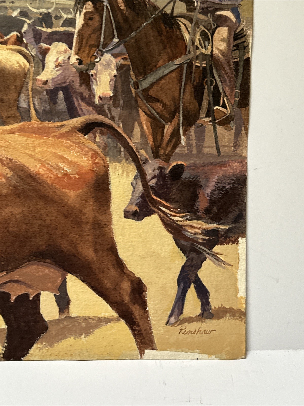VINTAGE COWBOY PAINTING WESTERN RANCH COWBOYS FARM FARMING AMERICAN COWS