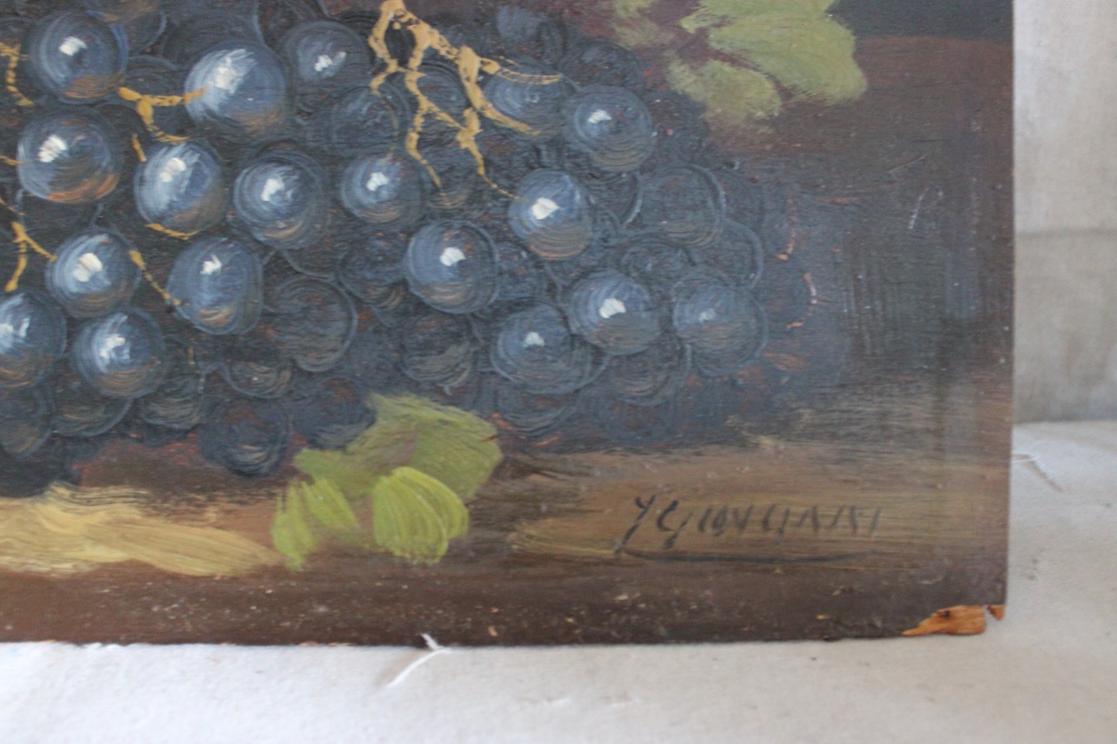ANTIQUE STILL LIFE WINE HARVEST OIL PAINTING FRUIT SIGNED COUNTRY PRIMITIVE ORIG