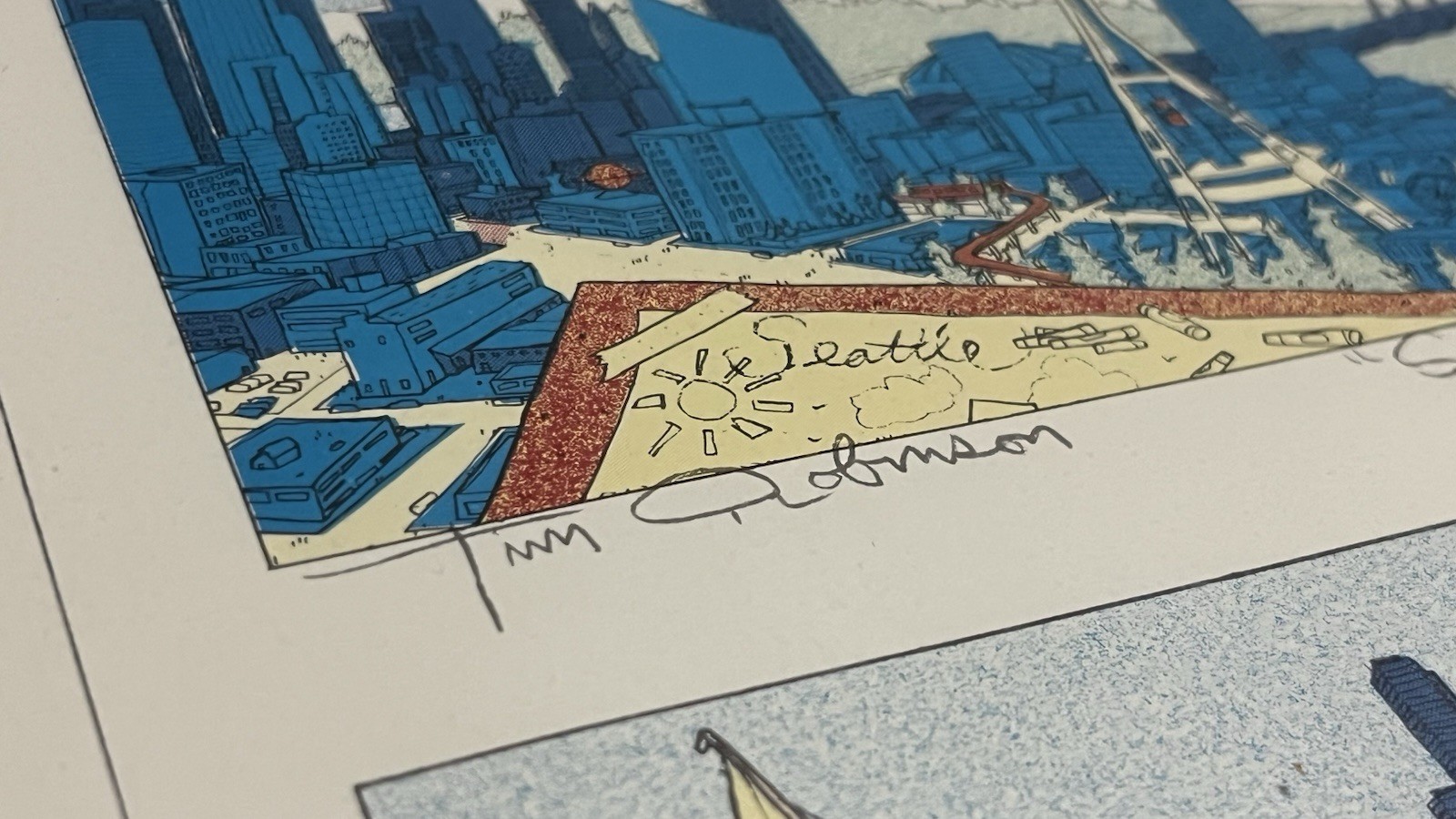 Tim Robinson Print SEATTLE Signed Space Needle Lake Union Downtown PioneerSquare