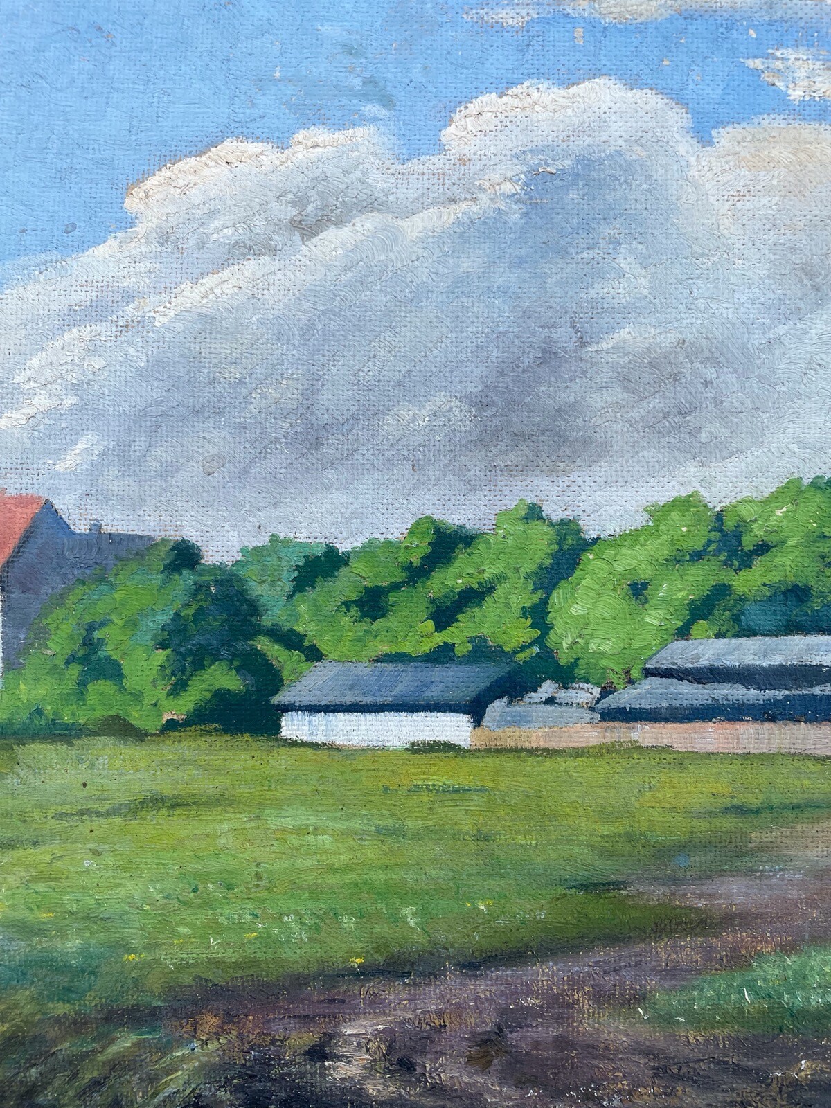 Impressionist Anonymous Summer Landscape Small Town Meadow Field Path Cloudy Sky