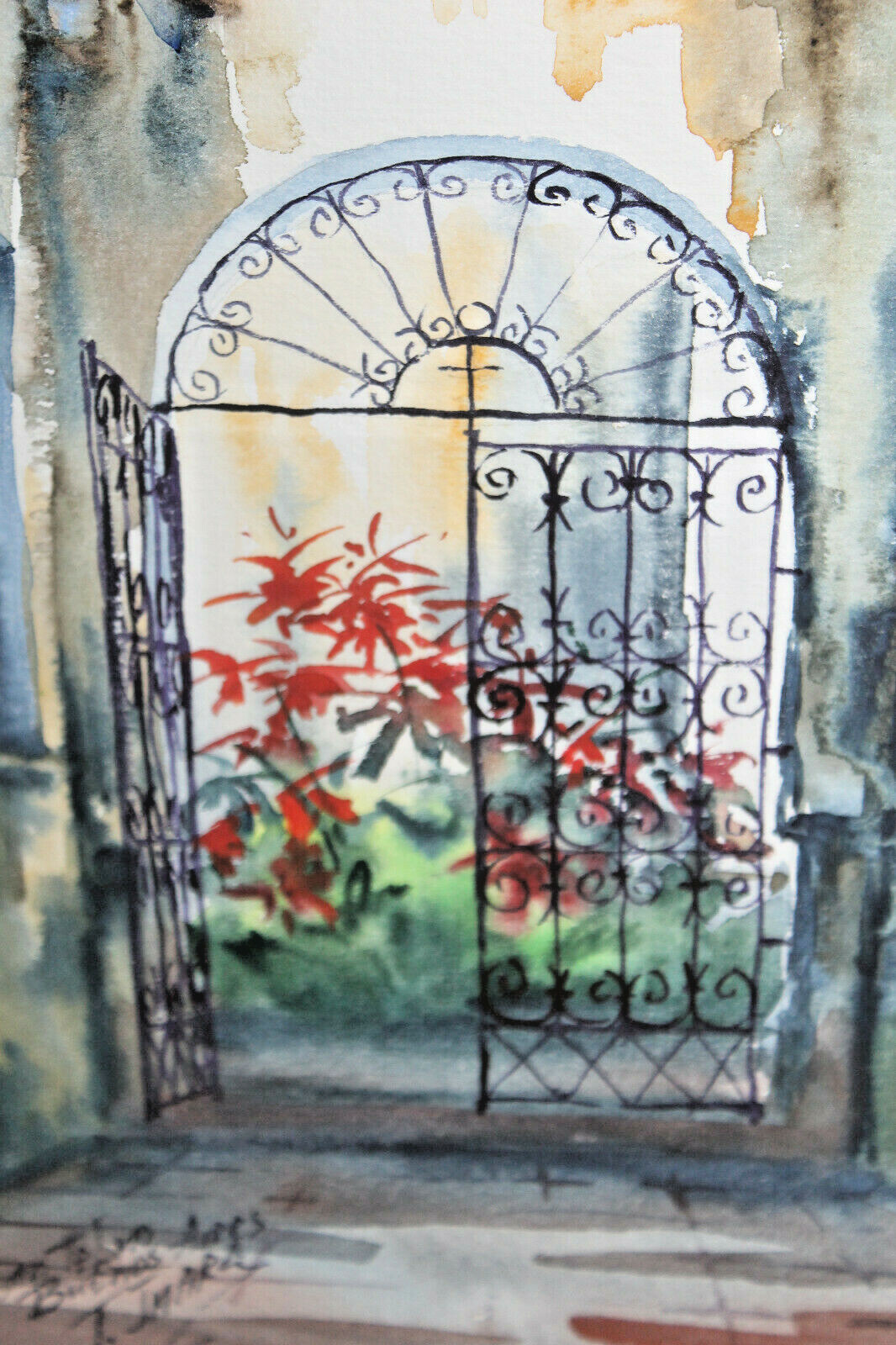 SanTelmo Buenos Aires Acrylic Flowers behind Gate painting signed TJmardy 9″ x13