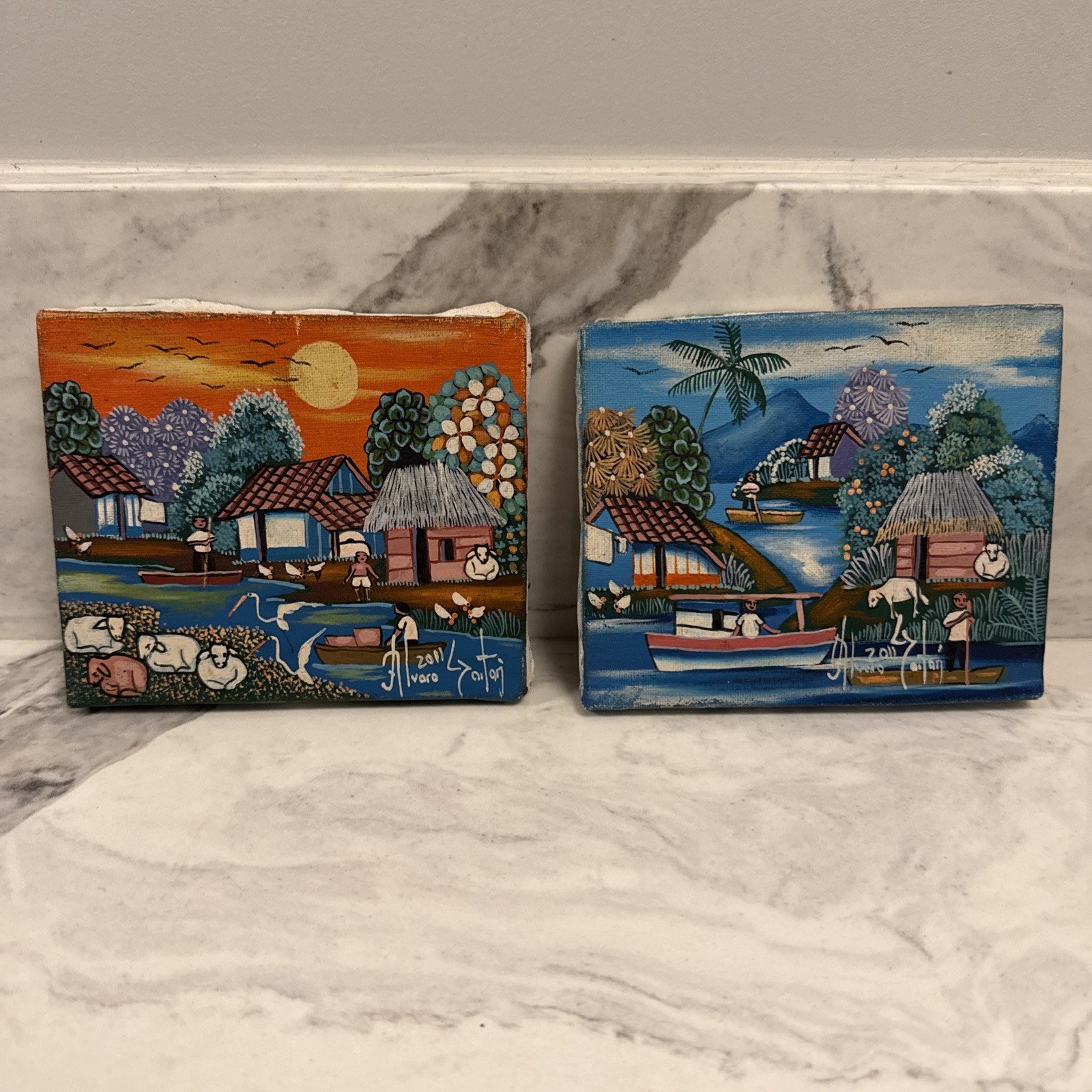 Pair Small Original Folk Art Paintings Colorful Signed & Dated