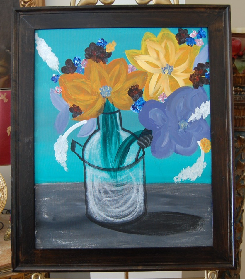 ORIGINAL FRAMED ACRYLIC MODERN ABSTRACT PAINTING OF FLOWERS ON VASE A STILL LIFE