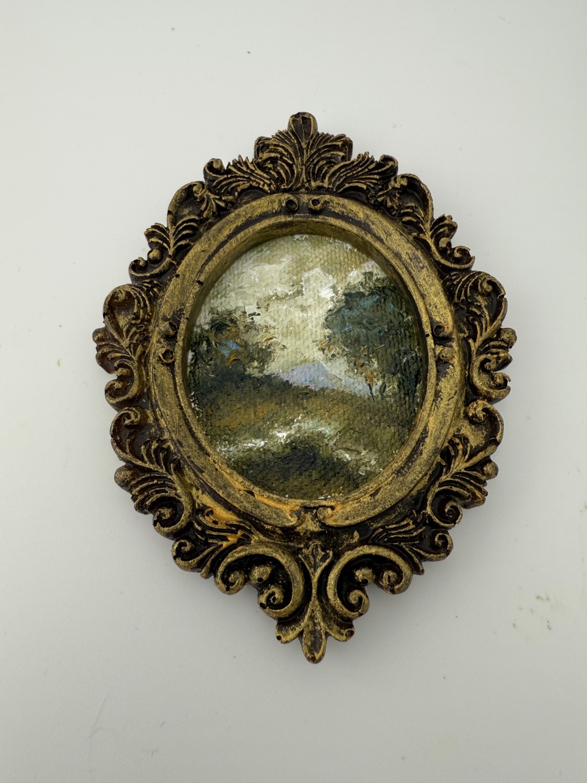 ORIGINAL landscape mini painting in handmade vintage style ornate frame