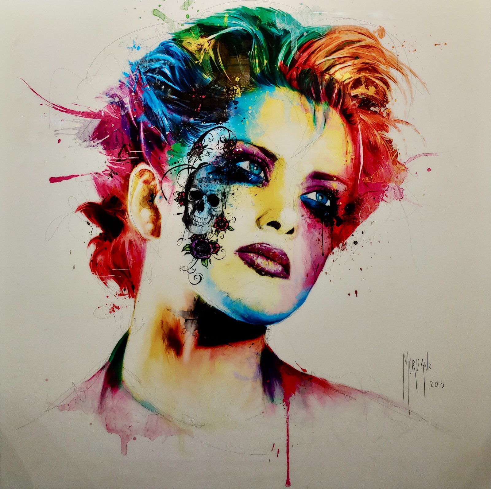 Patrick Murciano- Pop Art Model with Skull Tattoo-Lacquered painting on Panel