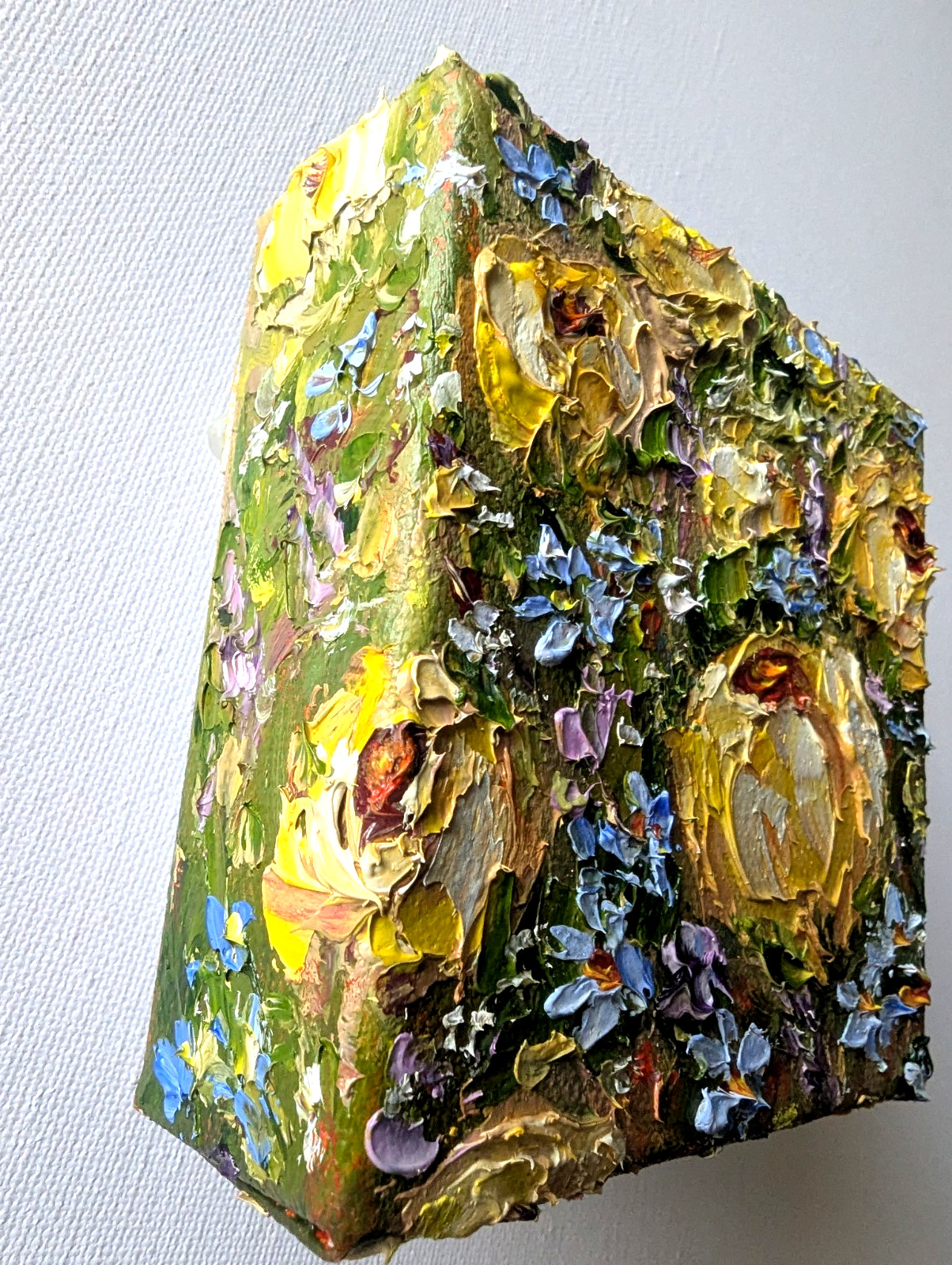 ORIGINAL OIL impasto Painting «Yellow ROSES» 4″X4″ X 1.5″ by Olga Diduh.