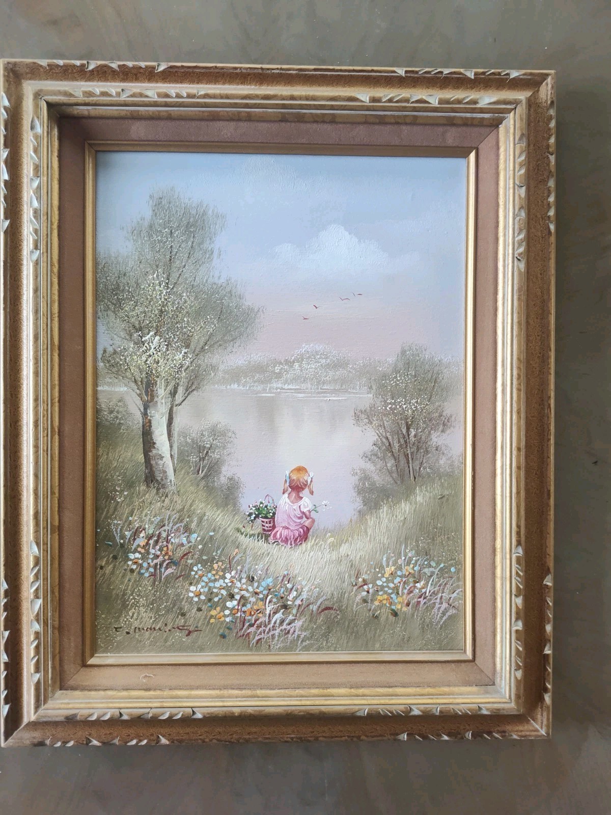 Charles Manning signed Young Girl by Flower Field Lake Original Painting