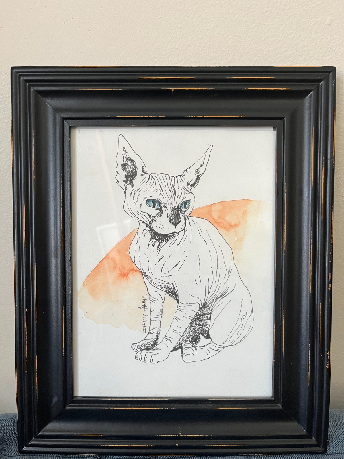 Original Sphynx Cat Portrait Ink & Watercolor Signed 2015 – Framed Contemporary