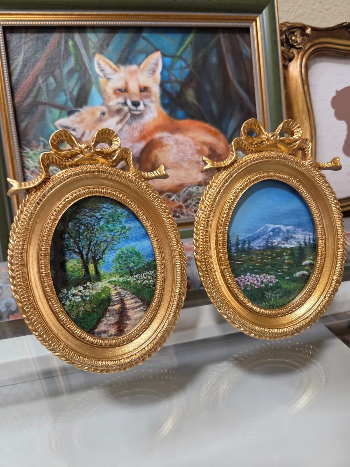 Original Mountain Meadow Landscape Acrylic Painting Oval Framed Mini Wall Gift