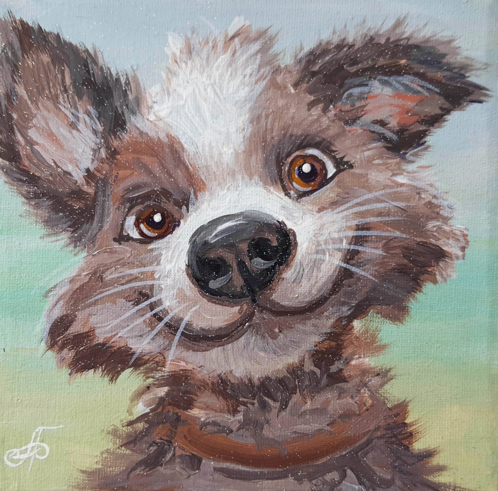 Original Acrylic Painting Cute Scruffy Puppy Portrait Small Hand Painted Canvas